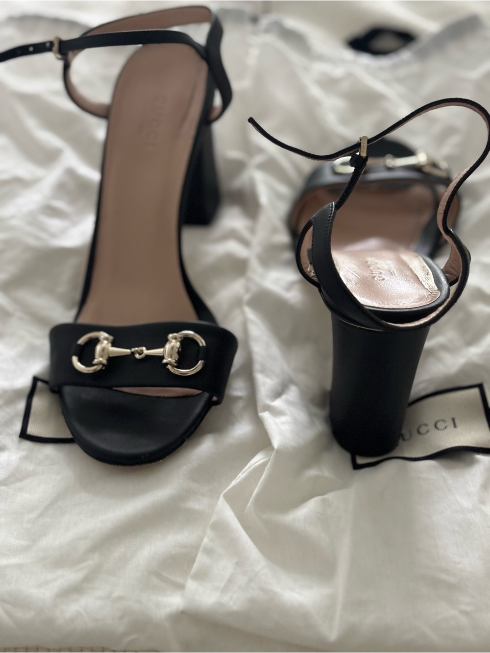 Gucci Black Leather Horsebit Block-Heel Sandals